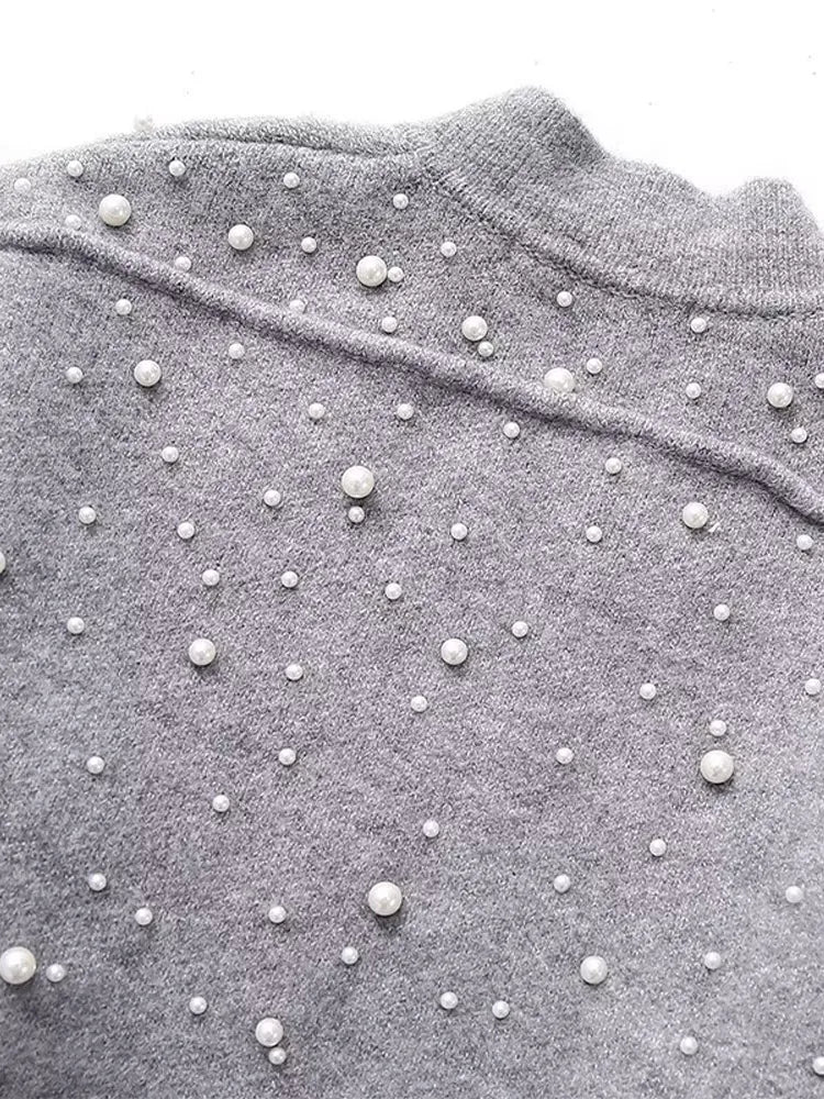 Fashion Knitted Pearl Bomber Jackets Women Vintage O-Neck Front Zipper Long Sleeved Female Coat Top Lady Grey Cropped Cardigan