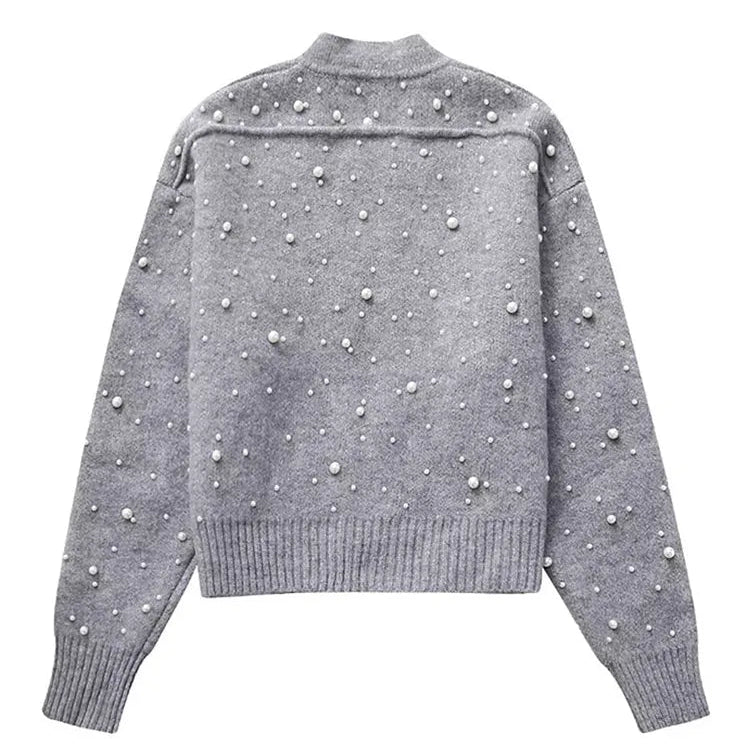 Fashion Knitted Pearl Bomber Jackets Women Vintage O-Neck Front Zipper Long Sleeved Female Coat Top Lady Grey Cropped Cardigan