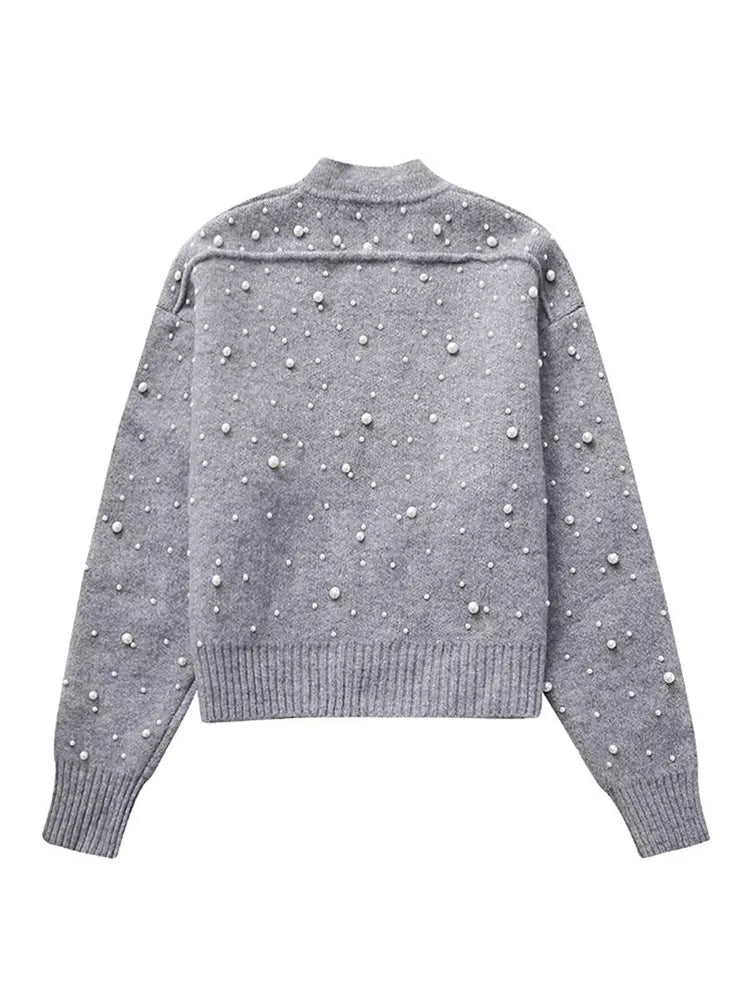 Fashion Knitted Pearl Bomber Jackets Women Vintage O-Neck Front Zipper Long Sleeved Female Coat Top Lady Grey Cropped Cardigan
