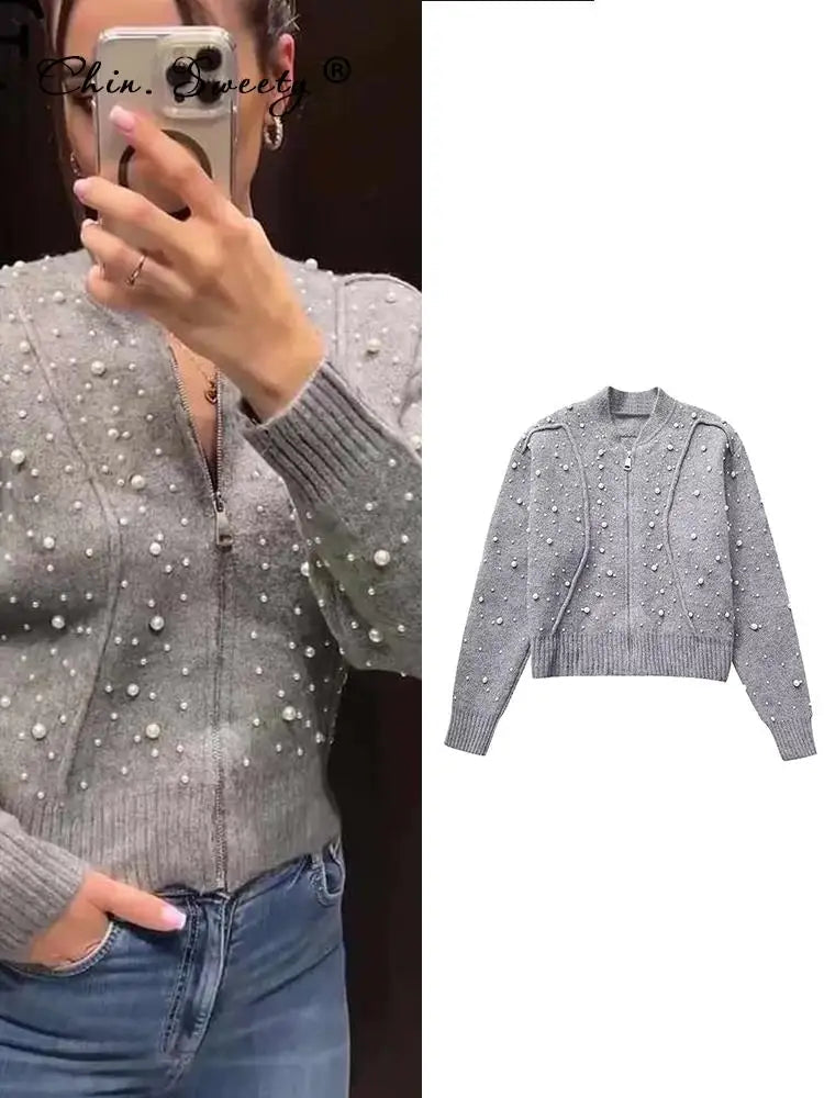 Fashion Knitted Pearl Bomber Jackets Women Vintage O-Neck Front Zipper Long Sleeved Female Coat Top Lady Grey Cropped Cardigan