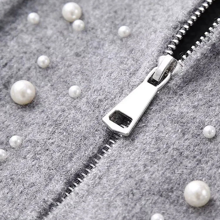 Fashion Knitted Pearl Bomber Jackets Women Vintage O-Neck Front Zipper Long Sleeved Female Coat Top Lady Grey Cropped Cardigan