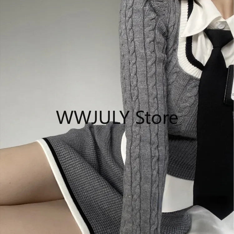 Fashion Knitted Suit Woman Y2k Crop Tops Sweater + Casual Shirt + Slim Bodycon Mini Skirt Korean 3 Piece Set Skirt 2024 Autumn