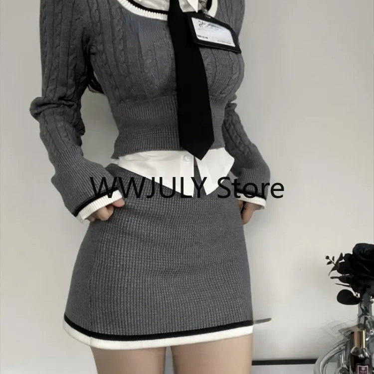 Fashion Knitted Suit Woman Y2k Crop Tops Sweater + Casual Shirt + Slim Bodycon Mini Skirt Korean 3 Piece Set Skirt 2024 Autumn