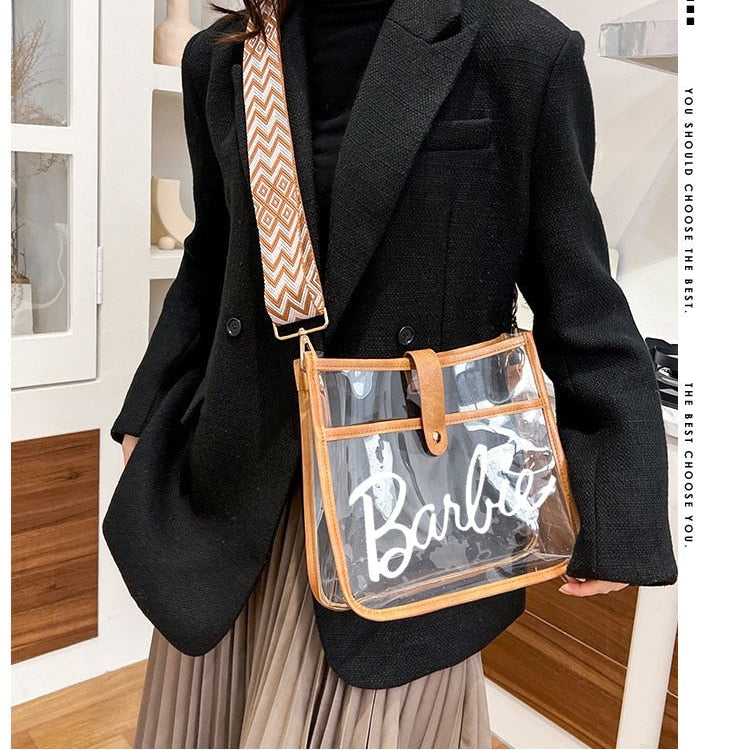 Fashion Ladies Barbie Letter Shoulder Bag Anime Kawaii Princess Female Candy Color Transparent Pvc Square Bag Women Handbag