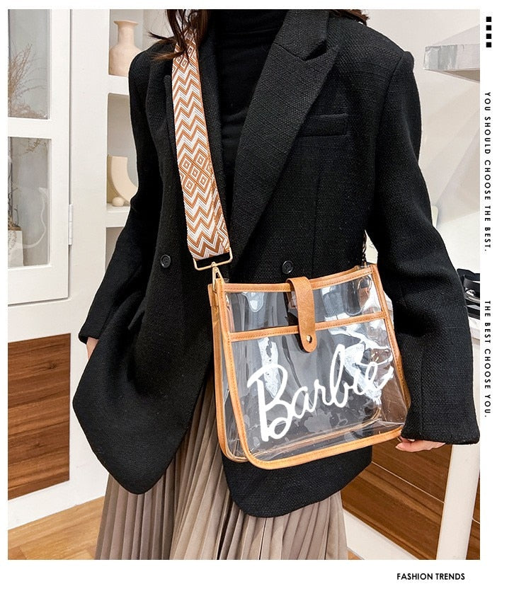 Fashion Ladies Barbie Letter Shoulder Bag Anime Kawaii Princess Female Candy Color Transparent Pvc Square Bag Women Handbag