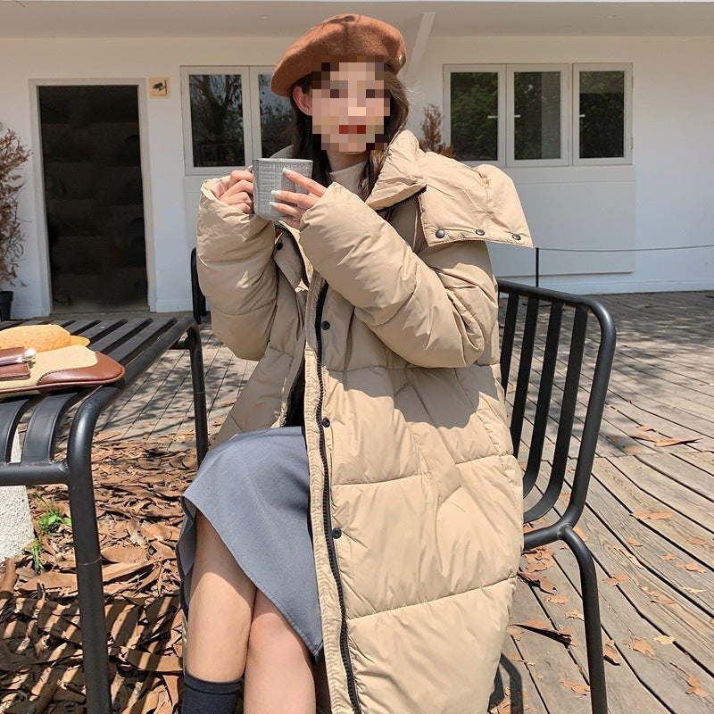Fashion Long Hooded Stand Collar Coat For Women Khaki