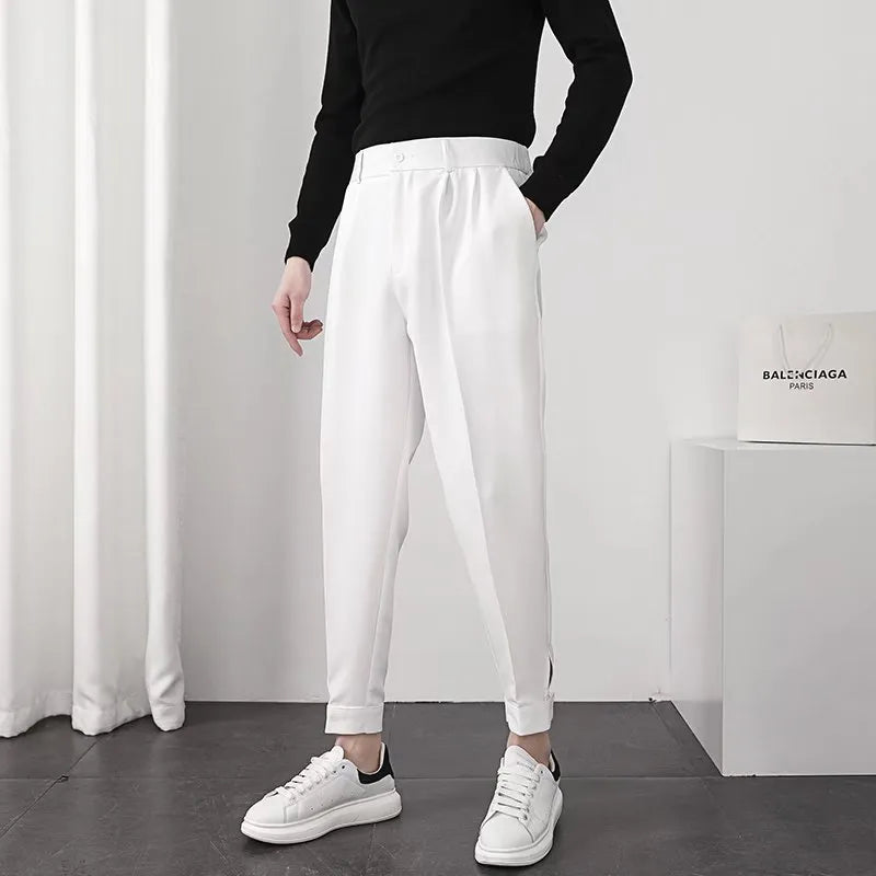Fashion Men Casual Pants Elastic Waist Small Feet Slim Korean Style Pleated Tapered Male Blazer Pants Trousers Streetwear WHITE