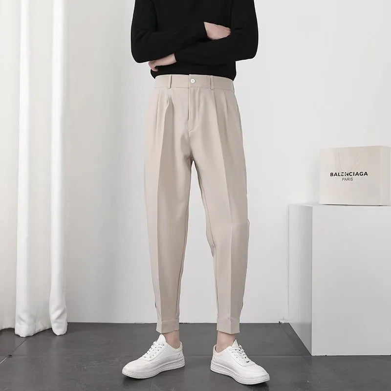 Fashion Men Casual Pants Elastic Waist Small Feet Slim Korean Style Pleated Tapered Male Blazer Pants Trousers Streetwear Khaki