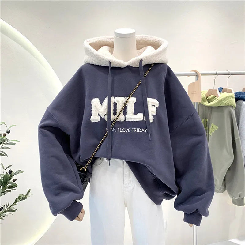 Fashion Patchwork Sweatshirt Women Autumn Winter Casual Loose Thick Letter Long Sleeve Hoodies Female Streetwear Navy blue