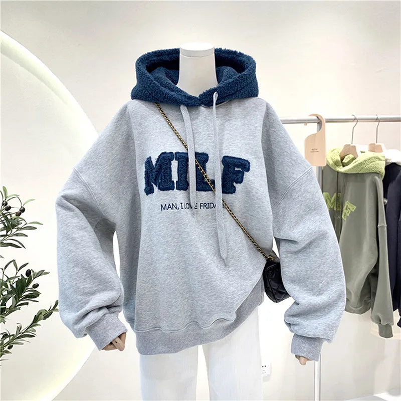 Fashion Patchwork Sweatshirt Women Autumn Winter Casual Loose Thick Letter Long Sleeve Hoodies Female Streetwear light grey