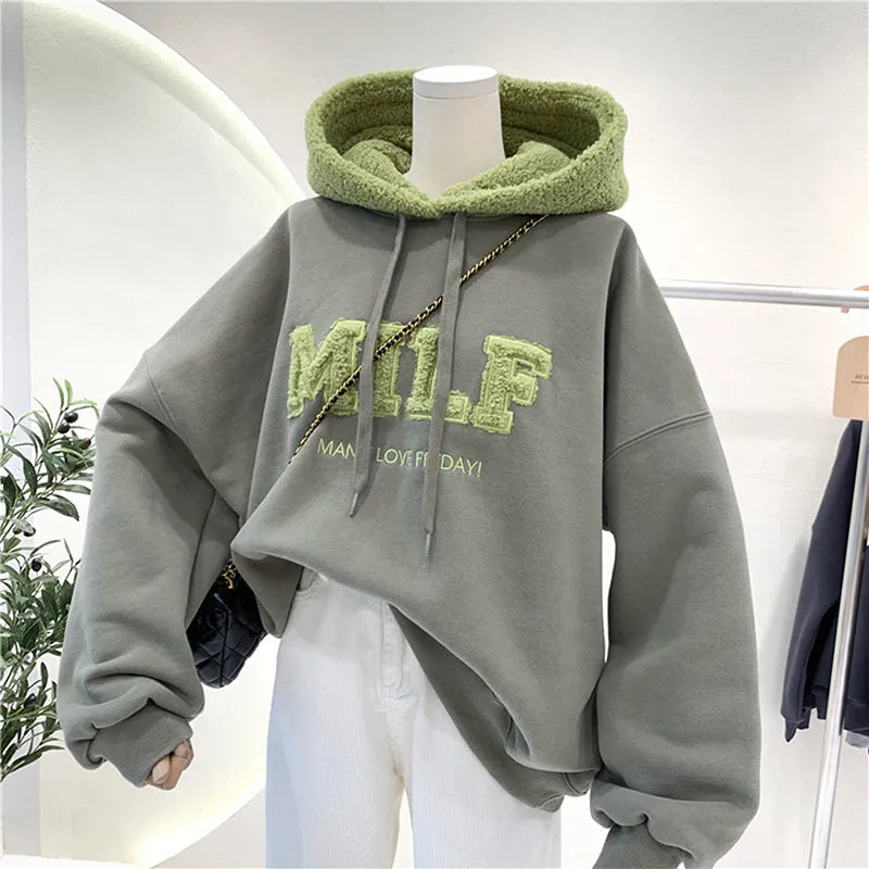 Fashion Patchwork Sweatshirt Women Autumn Winter Casual Loose Thick Letter Long Sleeve Hoodies Female Streetwear light green