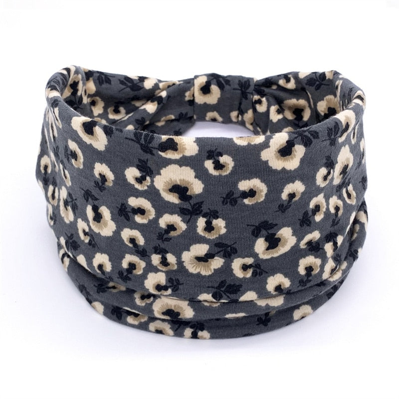 Fashion Print Knoted Elastic Yoga Sport Casual Headbands Hair Accessories for Women Boho Stretch Turban Head Wrap Wide Hairband Blue