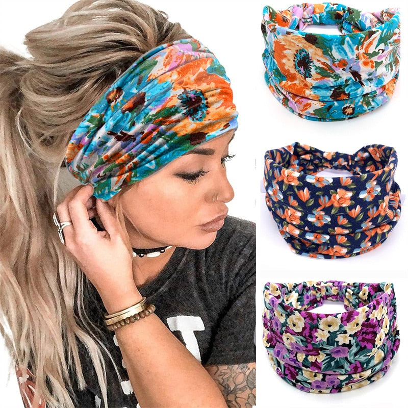Fashion Print Knoted Elastic Yoga Sport Casual Headbands Hair Accessories for Women Boho Stretch Turban Head Wrap Wide Hairband