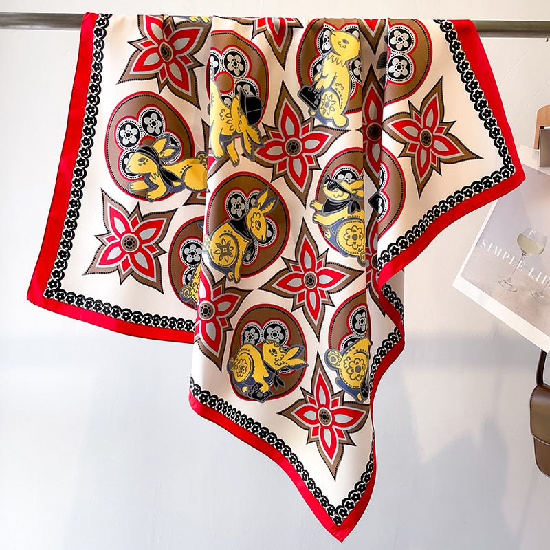 Fashion Print Printing Twill Silk Square Scarf for Women Hijab Muslim Headband Bandana Summer Shawl Beach Stoles Echarpe 2024 FN130-1