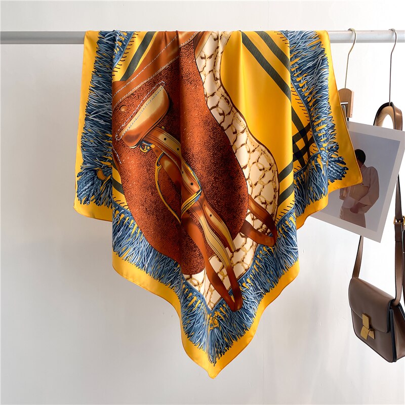 Fashion Print Printing Twill Silk Square Scarf for Women Hijab Muslim Headband Bandana Summer Shawl Beach Stoles Echarpe 2024 FN142-4