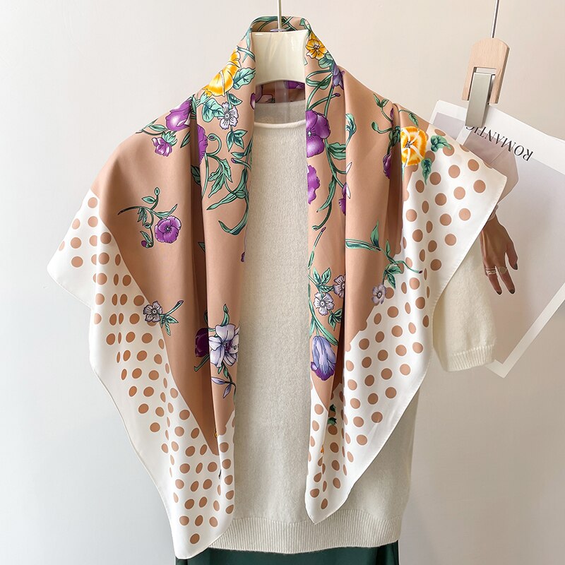 Fashion Print Printing Twill Silk Square Scarf for Women Hijab Muslim Headband Bandana Summer Shawl Beach Stoles Echarpe 2024 FN102-2