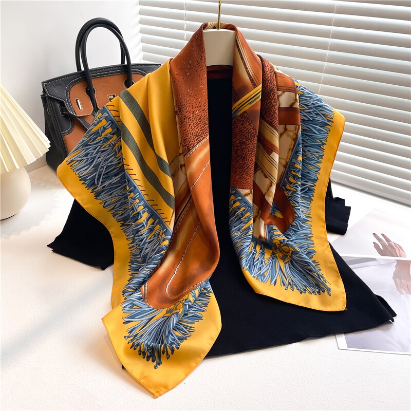 Fashion Print Printing Twill Silk Square Scarf for Women Hijab Muslim Headband Bandana Summer Shawl Beach Stoles Echarpe 2024