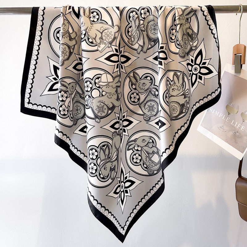 Fashion Print Printing Twill Silk Square Scarf for Women Hijab Muslim Headband Bandana Summer Shawl Beach Stoles Echarpe 2024 FN130-4