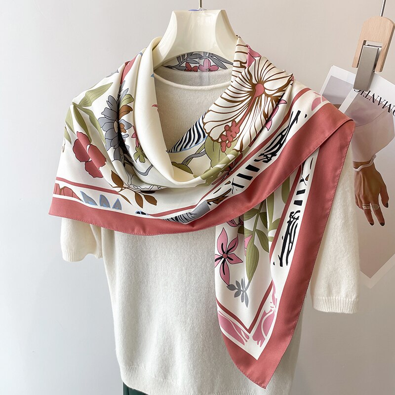 Fashion Print Printing Twill Silk Square Scarf for Women Hijab Muslim Headband Bandana Summer Shawl Beach Stoles Echarpe 2024 FN101-2