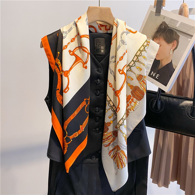 Fashion Print Printing Twill Silk Square Scarf for Women Hijab Muslim Headband Bandana Summer Shawl Beach Stoles Echarpe 2024 FN116-1