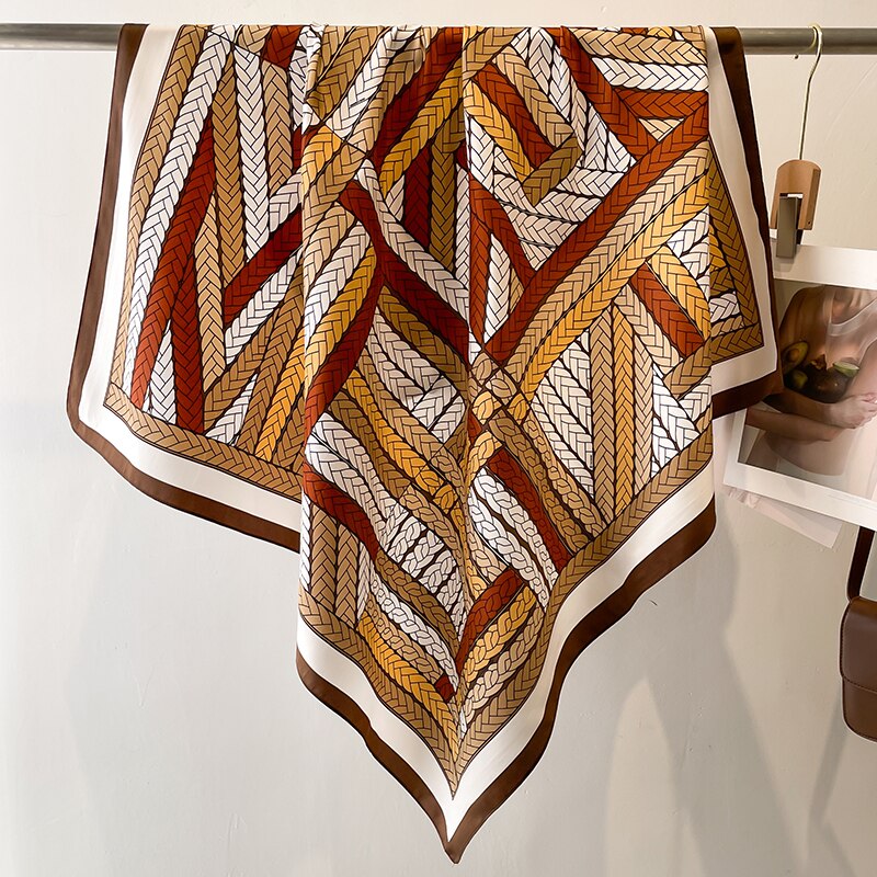 Fashion Print Printing Twill Silk Square Scarf for Women Hijab Muslim Headband Bandana Summer Shawl Beach Stoles Echarpe 2024 FN141-4