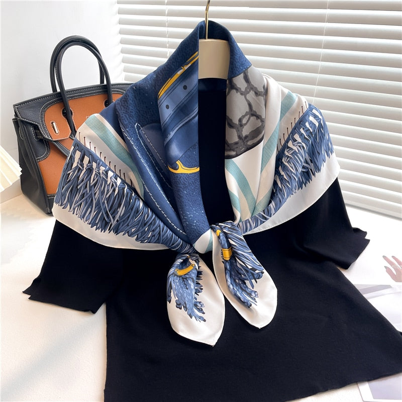 Fashion Print Printing Twill Silk Square Scarf for Women Hijab Muslim Headband Bandana Summer Shawl Beach Stoles Echarpe 2024 FN142-2