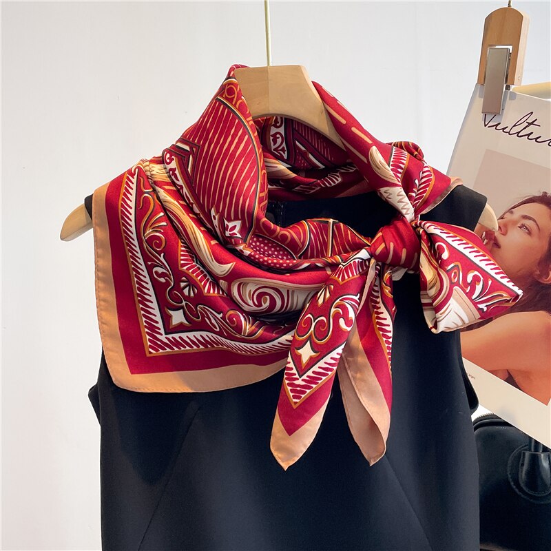 Fashion Print Printing Twill Silk Square Scarf for Women Hijab Muslim Headband Bandana Summer Shawl Beach Stoles Echarpe 2024 FN122-1