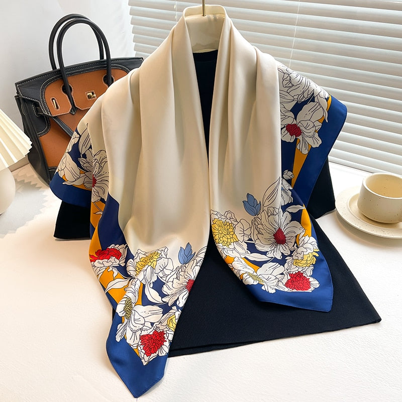 Fashion Print Printing Twill Silk Square Scarf for Women Hijab Muslim Headband Bandana Summer Shawl Beach Stoles Echarpe 2024 FN139-2