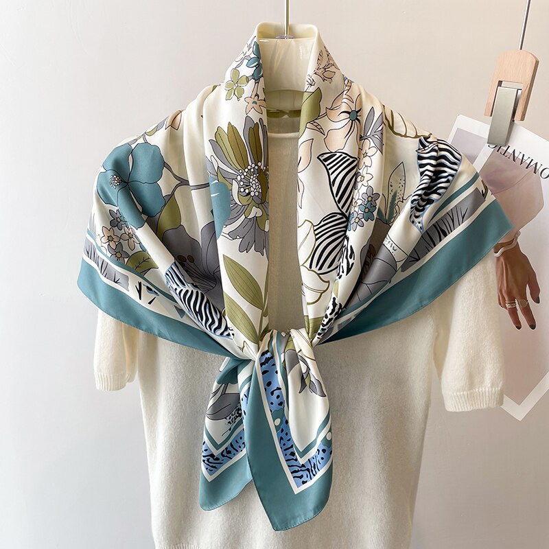 Fashion Print Printing Twill Silk Square Scarf for Women Hijab Muslim Headband Bandana Summer Shawl Beach Stoles Echarpe 2024 FN101-3