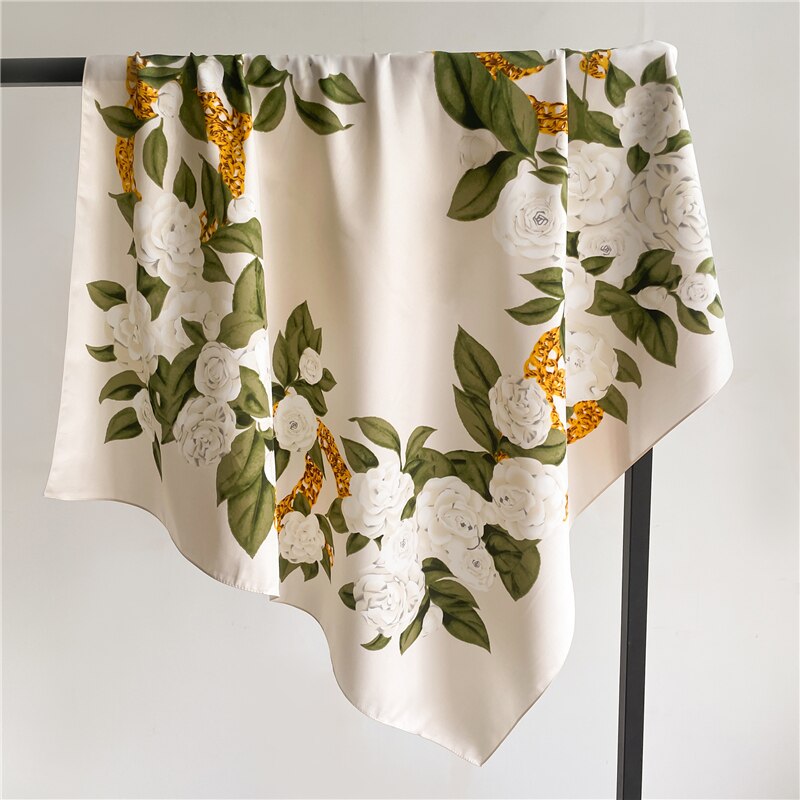 Fashion Print Printing Twill Silk Square Scarf for Women Hijab Muslim Headband Bandana Summer Shawl Beach Stoles Echarpe 2024 FN107-2