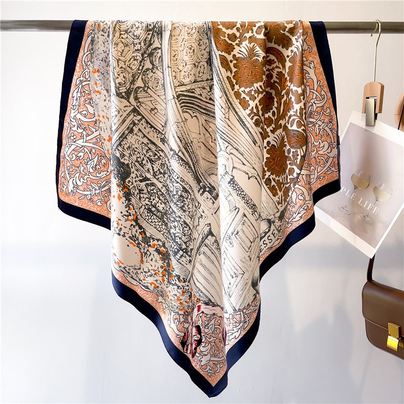 Fashion Print Printing Twill Silk Square Scarf for Women Hijab Muslim Headband Bandana Summer Shawl Beach Stoles Echarpe 2024 FN128-2