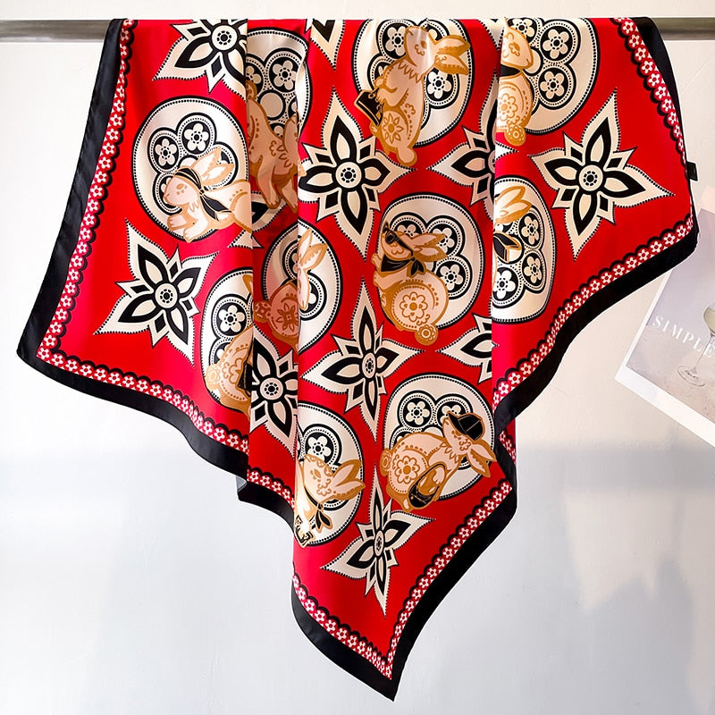 Fashion Print Printing Twill Silk Square Scarf for Women Hijab Muslim Headband Bandana Summer Shawl Beach Stoles Echarpe 2024 FN130-3