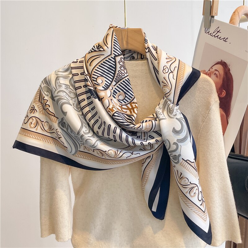 Fashion Print Printing Twill Silk Square Scarf for Women Hijab Muslim Headband Bandana Summer Shawl Beach Stoles Echarpe 2024 FN122-3