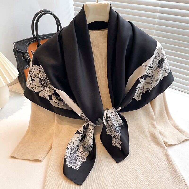 Fashion Print Printing Twill Silk Square Scarf for Women Hijab Muslim Headband Bandana Summer Shawl Beach Stoles Echarpe 2024 FN139-4