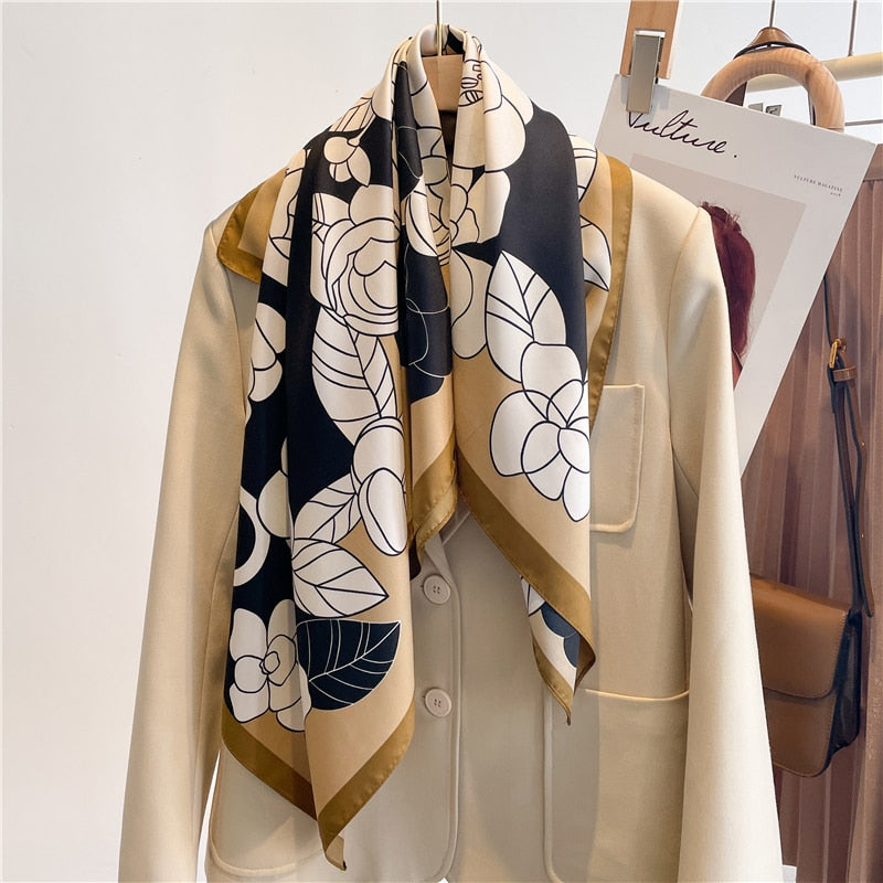 Fashion Print Printing Twill Silk Square Scarf for Women Hijab Muslim Headband Bandana Summer Shawl Beach Stoles Echarpe 2024 FN123-2