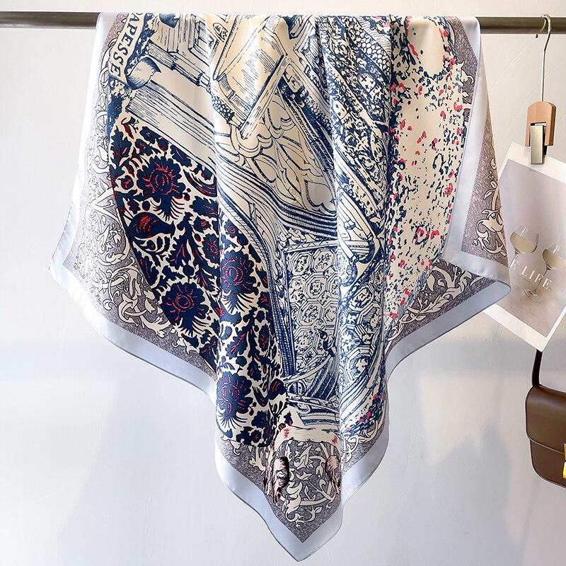 Fashion Print Printing Twill Silk Square Scarf for Women Hijab Muslim Headband Bandana Summer Shawl Beach Stoles Echarpe 2024 FN128-1