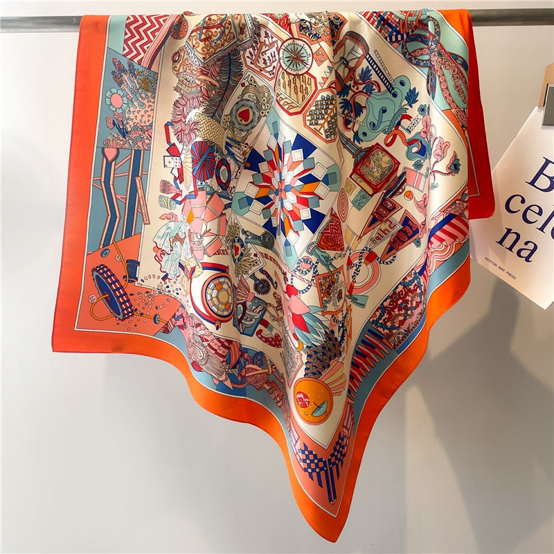 Fashion Print Printing Twill Silk Square Scarf for Women Hijab Muslim Headband Bandana Summer Shawl Beach Stoles Echarpe 2024 FN113-5
