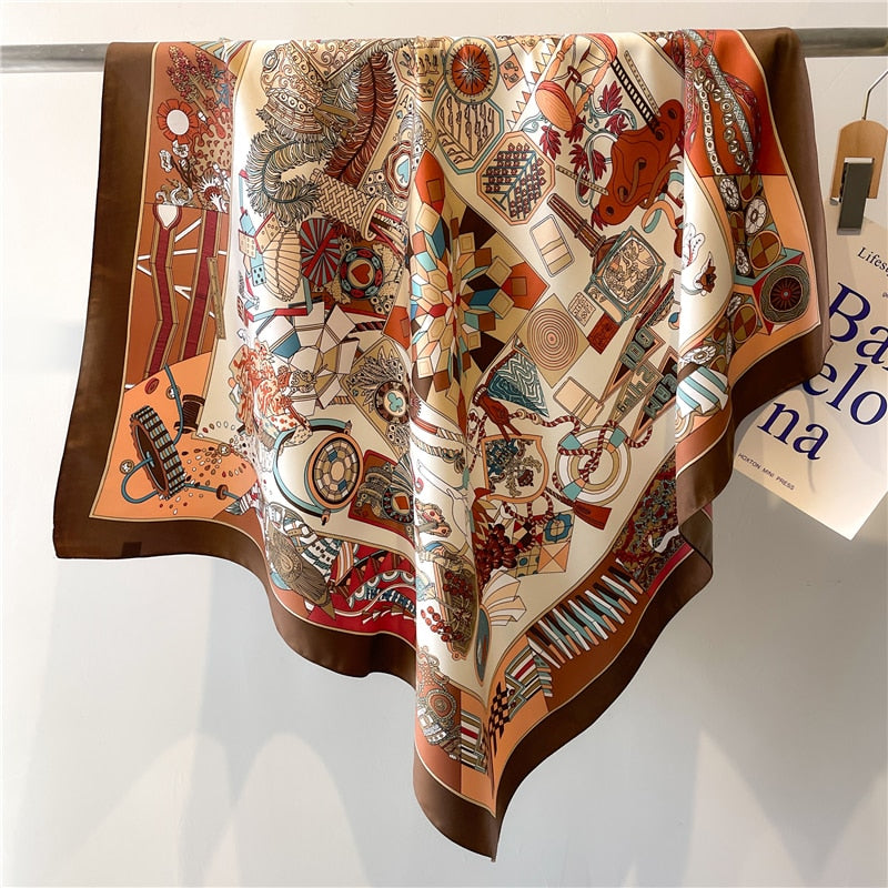 Fashion Print Printing Twill Silk Square Scarf for Women Hijab Muslim Headband Bandana Summer Shawl Beach Stoles Echarpe 2024 FN113-2