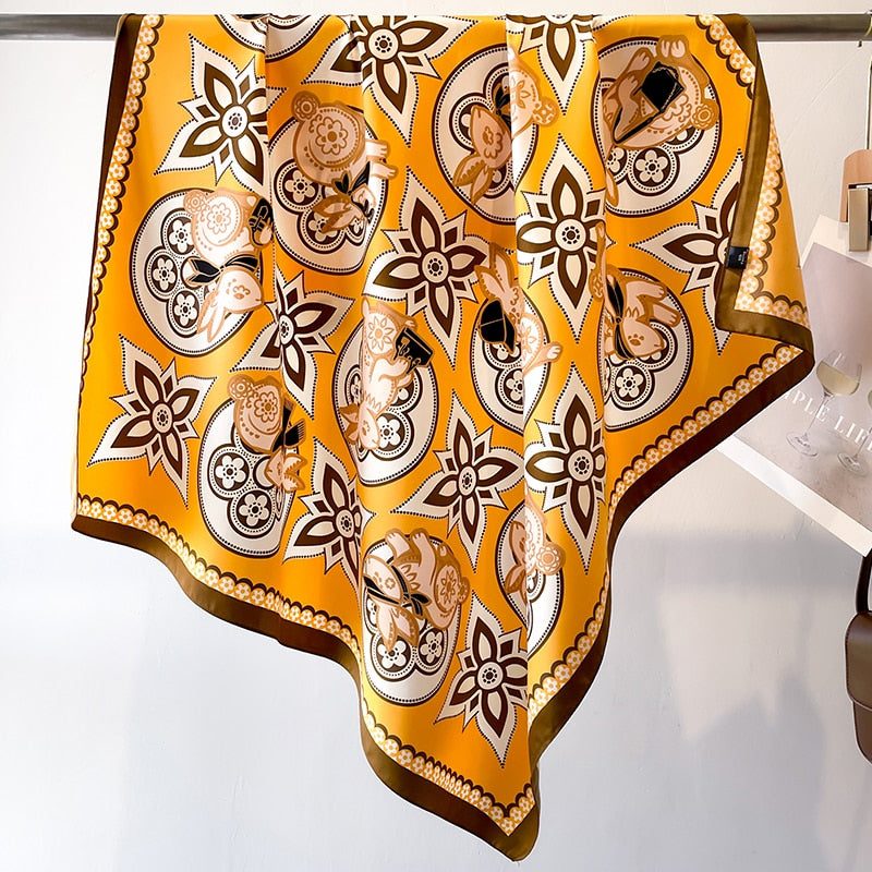 Fashion Print Printing Twill Silk Square Scarf for Women Hijab Muslim Headband Bandana Summer Shawl Beach Stoles Echarpe 2024 FN130-2