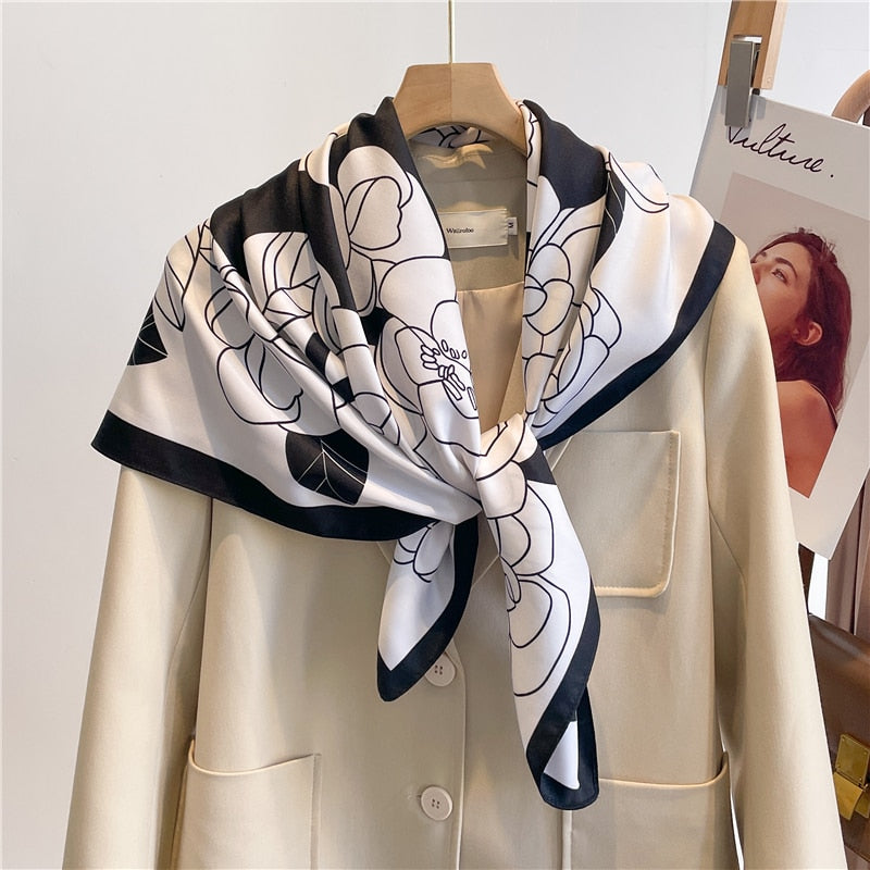 Fashion Print Printing Twill Silk Square Scarf for Women Hijab Muslim Headband Bandana Summer Shawl Beach Stoles Echarpe 2024 FN123-1