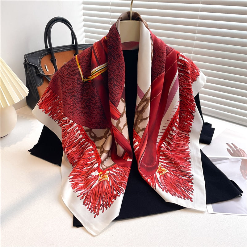 Fashion Print Printing Twill Silk Square Scarf for Women Hijab Muslim Headband Bandana Summer Shawl Beach Stoles Echarpe 2024 FN142-3