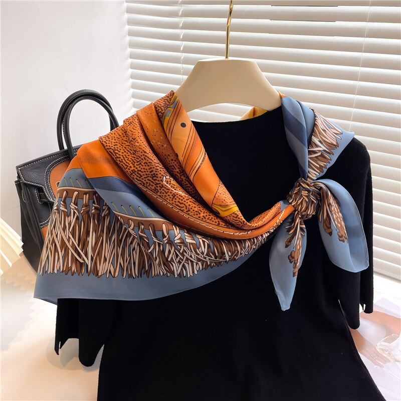 Fashion Print Printing Twill Silk Square Scarf for Women Hijab Muslim Headband Bandana Summer Shawl Beach Stoles Echarpe 2024