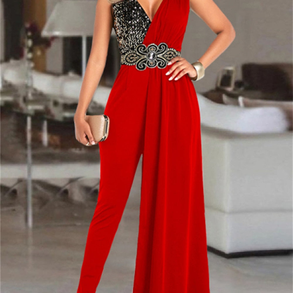 Fashion Sequin Print V-neck Jumpsuit Women Office Lady Elegant Sleeveless Jumpsuit Casual Overalls for Women AMAIO