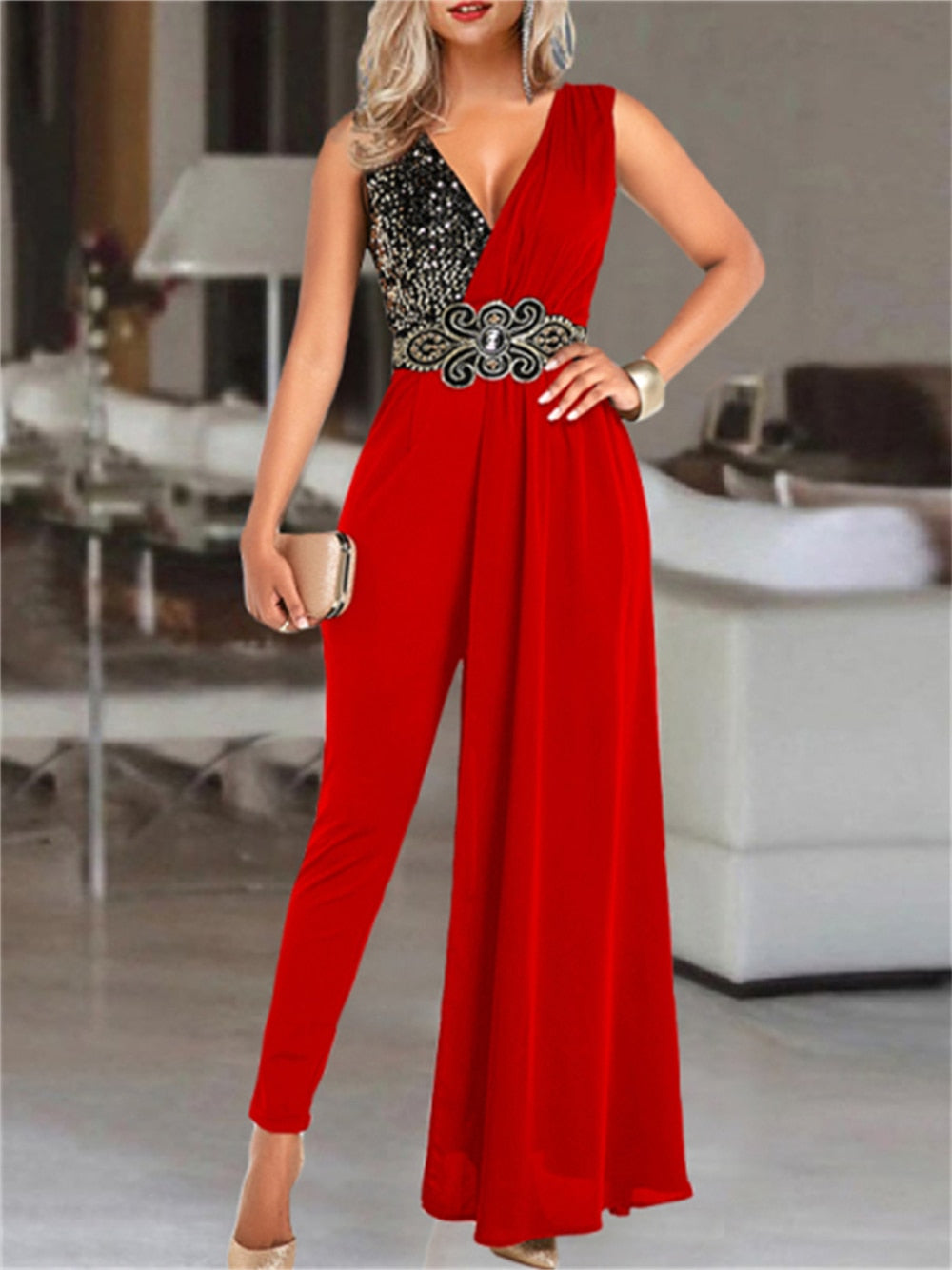 Fashion Sequin Print V-neck Jumpsuit Women Office Lady Elegant Sleeveless Jumpsuit Casual Overalls for Women AMAIO