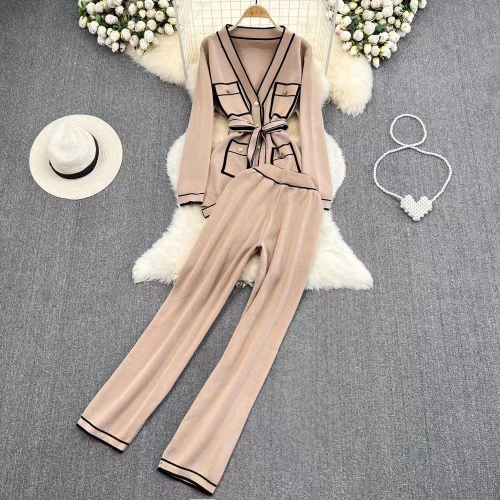 Fashion Set Women's Vintage Contrast Color Long Sleeve V-Neck Single breasted Knitted Cardigan Two Piece Set Straight Leg Pants Camel