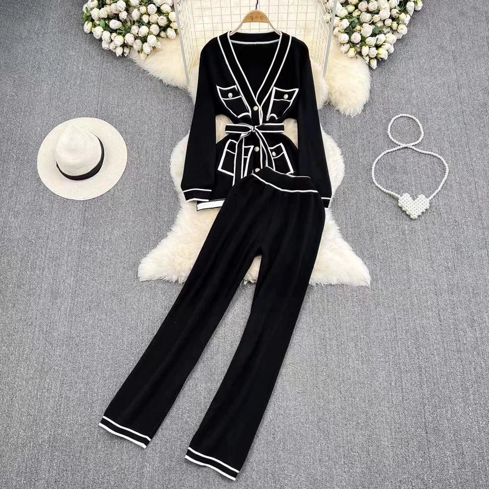 Fashion Set Women's Vintage Contrast Color Long Sleeve V-Neck Single breasted Knitted Cardigan Two Piece Set Straight Leg Pants Black