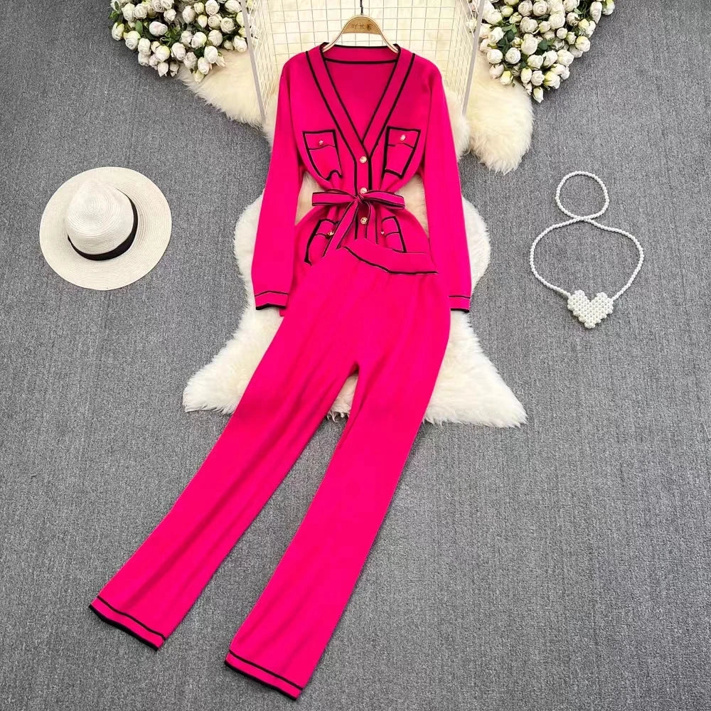 Fashion Set Women's Vintage Contrast Color Long Sleeve V-Neck Single breasted Knitted Cardigan Two Piece Set Straight Leg Pants Rose