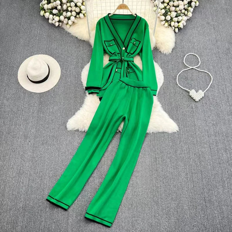Fashion Set Women's Vintage Contrast Color Long Sleeve V-Neck Single breasted Knitted Cardigan Two Piece Set Straight Leg Pants Green