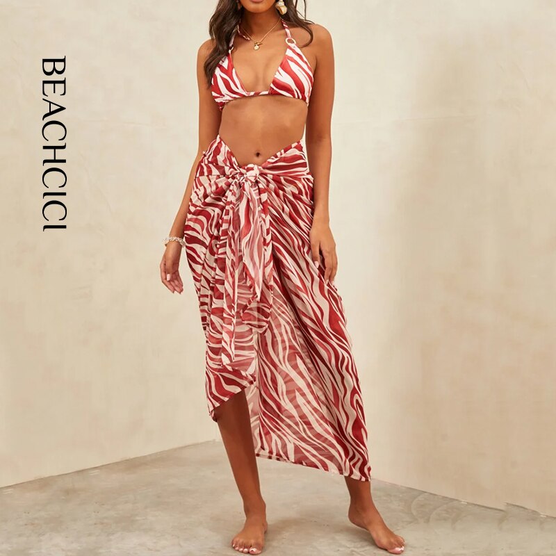 Fashion Sexy Bikini Swimsuit Summer Three Piece Print Backless Lace Up Bathing Suit Swimwear For Female