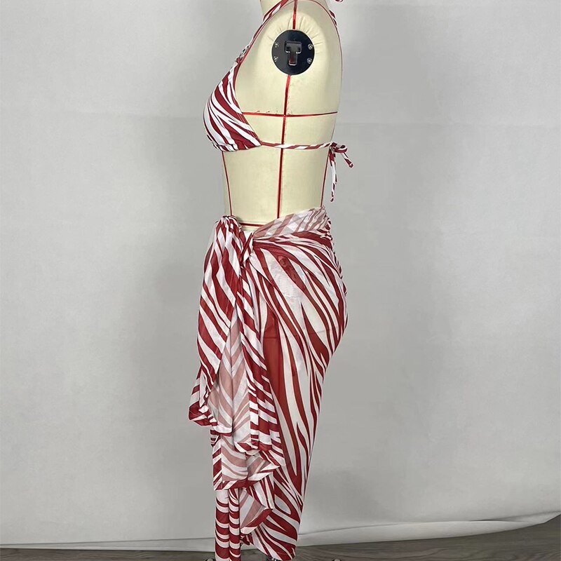 Fashion Sexy Bikini Swimsuit Summer Three Piece Print Backless Lace Up Bathing Suit Swimwear For Female